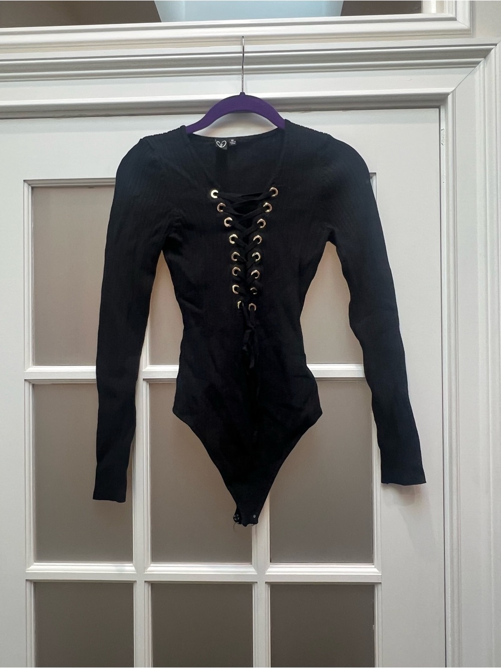 Lace-Up Ribbed Long-Sleeve Black Bodysuit